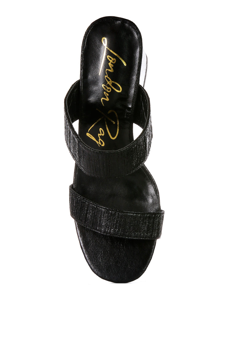 Giblet Metallic Slip On Block Heels featuring open square toe and double straps in a stylish design.