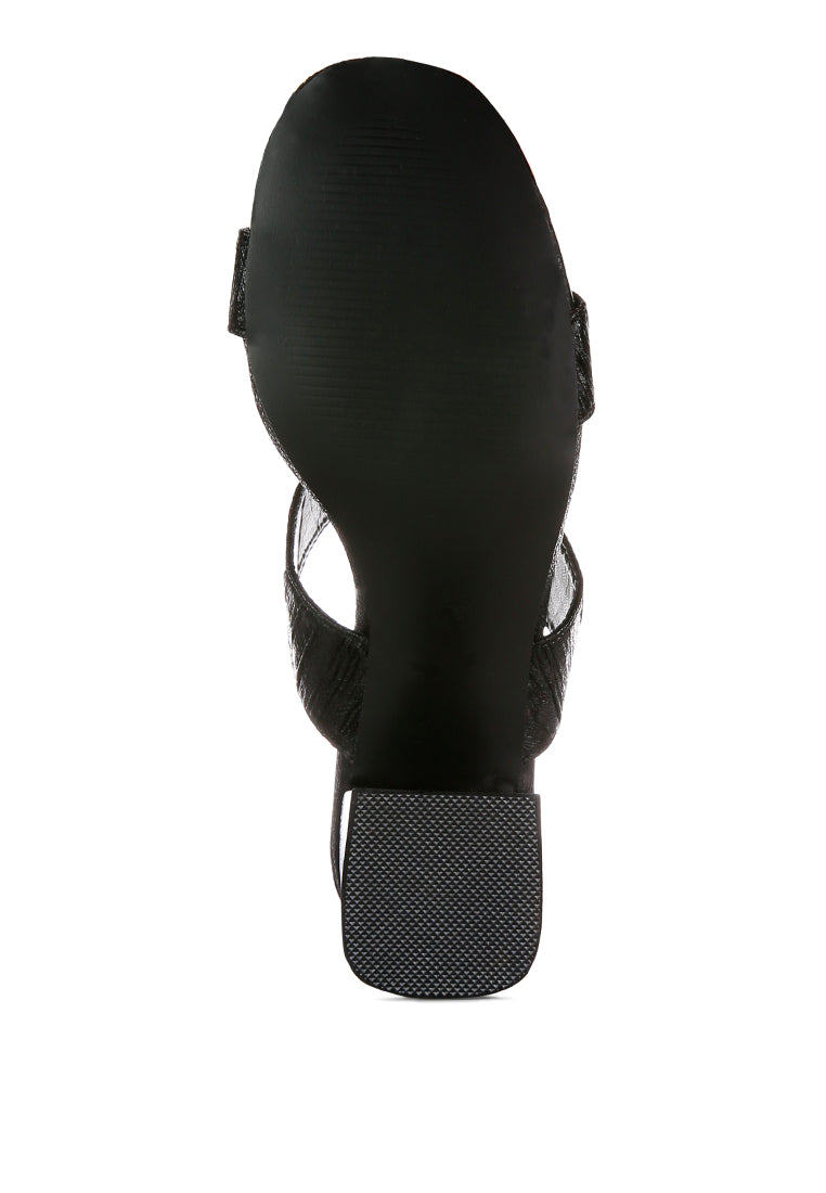 Giblet Metallic Slip On Block Heels featuring open square toe and double straps in a stylish design.