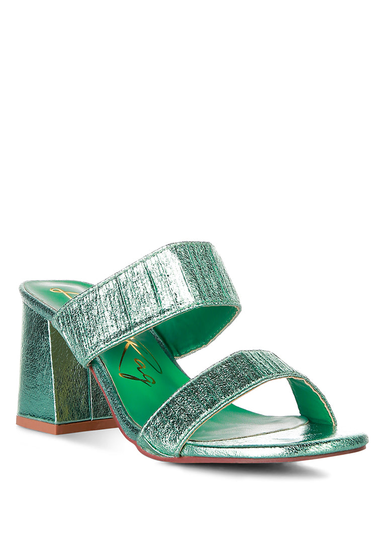 Giblet Metallic Slip On Block Heels featuring open square toe and double straps in a stylish design.