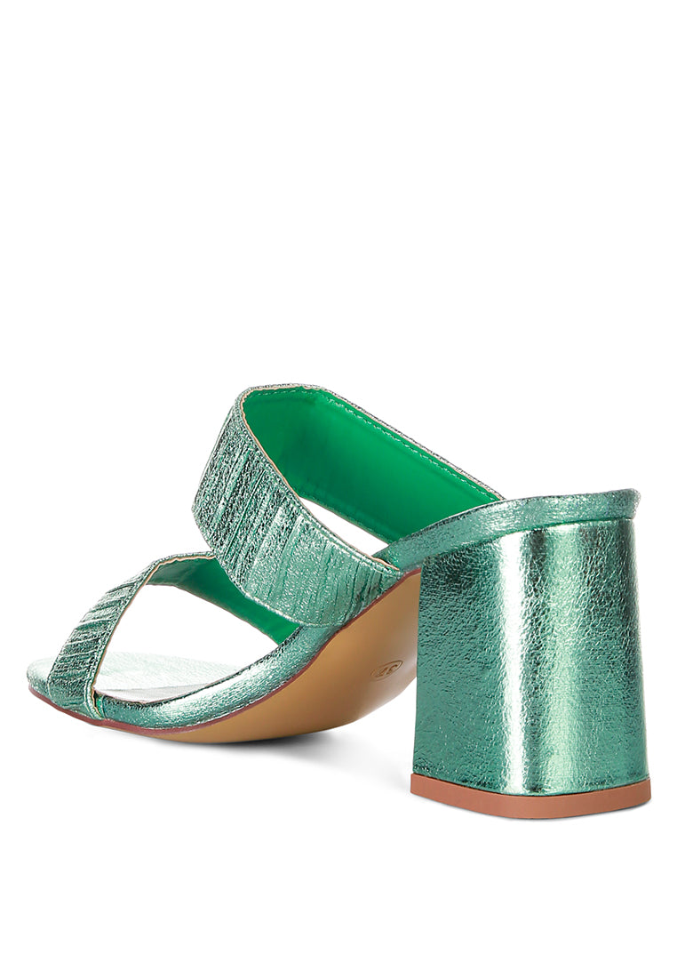 Giblet Metallic Slip On Block Heels featuring open square toe and double straps in a stylish design.