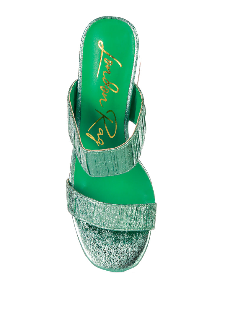 Giblet Metallic Slip On Block Heels featuring open square toe and double straps in a stylish design.