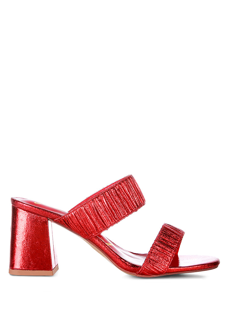 Giblet Metallic Slip On Block Heels featuring open square toe and double straps in a stylish design.