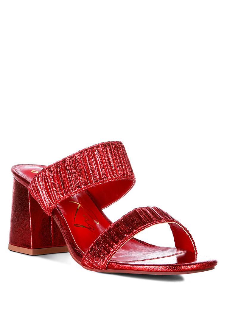 Giblet Metallic Slip On Block Heels featuring open square toe and double straps in a stylish design.