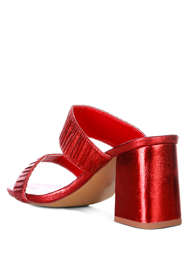 Giblet Metallic Slip On Block Heels featuring open square toe and double straps in a stylish design.
