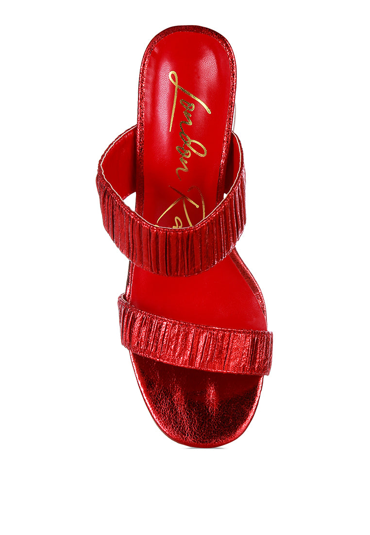 Giblet Metallic Slip On Block Heels featuring open square toe and double straps in a stylish design.