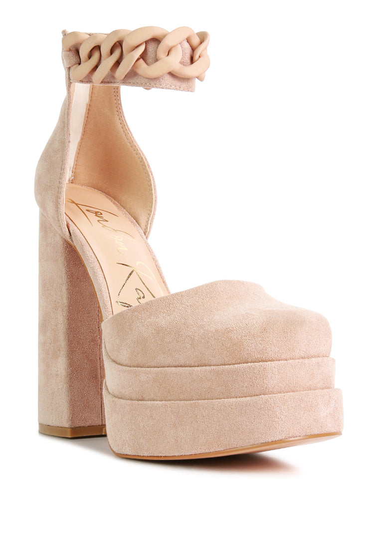 Golden Hour Showstopper Chain Embellished High Platform Sandals featuring a chunky chain ankle strap and high platform design, perfect for elegant occasions.