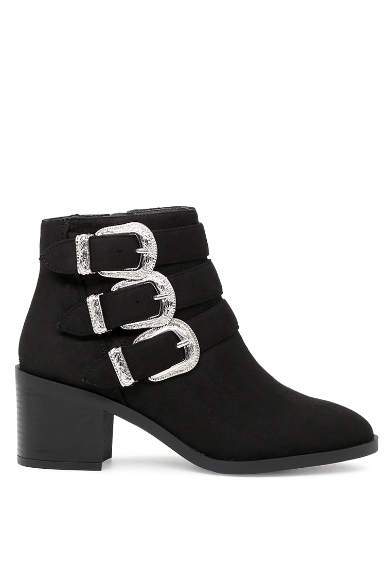 Goth Big Buckle Ankle Boots featuring a metallic buckle, block heel, and side zipper, perfect for stylish day or night looks.