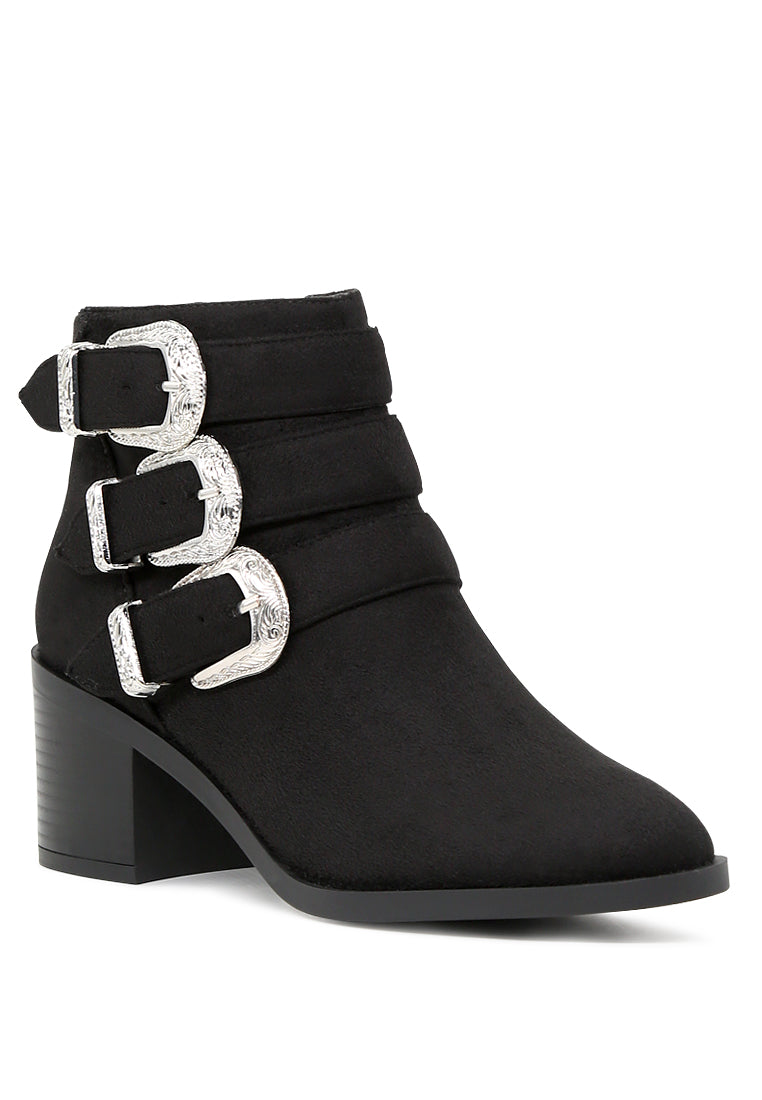 Goth Big Buckle Ankle Boots featuring a metallic buckle, block heel, and side zipper, perfect for stylish day or night looks.