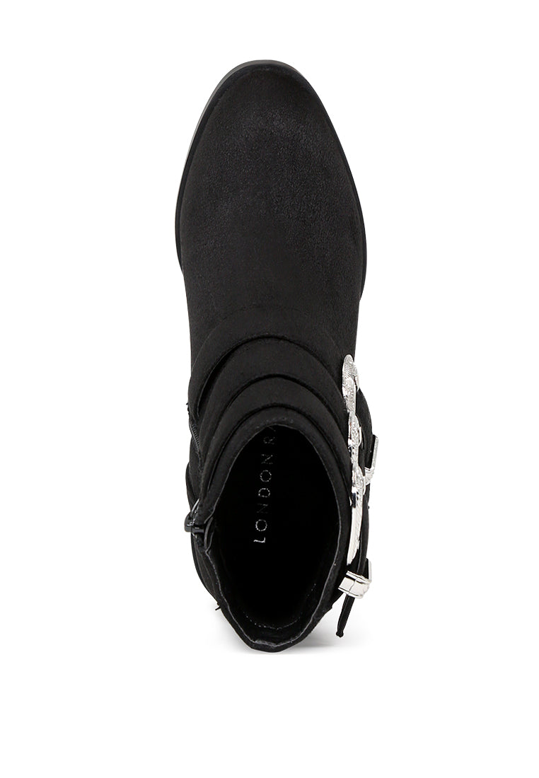 Goth Big Buckle Ankle Boots featuring a metallic buckle, block heel, and side zipper, perfect for stylish day or night looks.