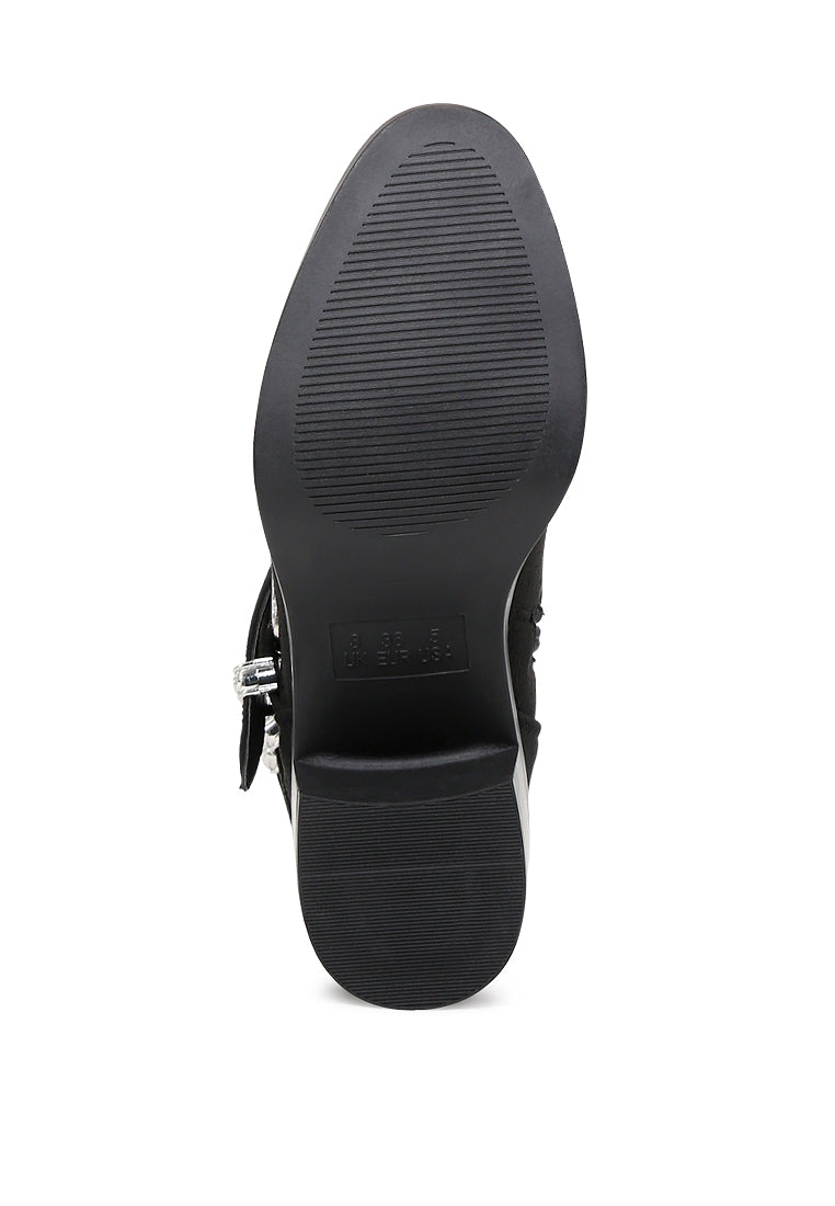 Goth Big Buckle Ankle Boots featuring a metallic buckle, block heel, and side zipper, perfect for stylish day or night looks.