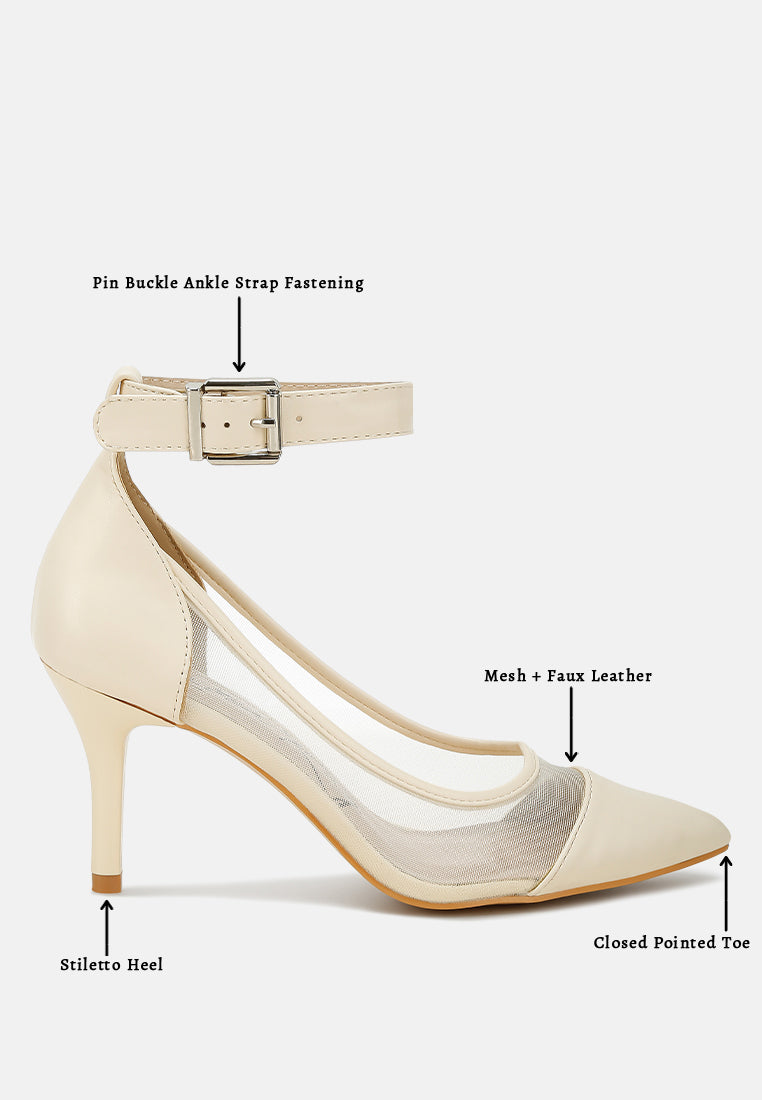 Hearst Pointy Toe Ankle Strap Pumps featuring a chic pointed toe design, elegant ankle strap, and stylish mesh and faux leather upper.