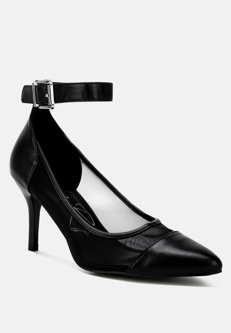 Hearst Pointy Toe Ankle Strap Pumps featuring a chic pointed toe design, elegant ankle strap, and stylish mesh and faux leather upper.