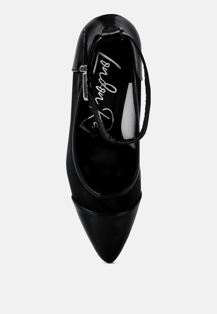 Hearst Pointy Toe Ankle Strap Pumps featuring a chic pointed toe design, elegant ankle strap, and stylish mesh and faux leather upper.