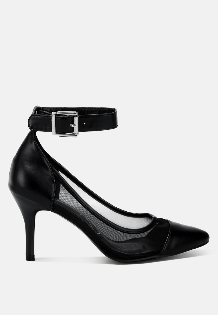 Hearst Pointy Toe Ankle Strap Pumps featuring a chic pointed toe design, elegant ankle strap, and stylish mesh and faux leather upper.