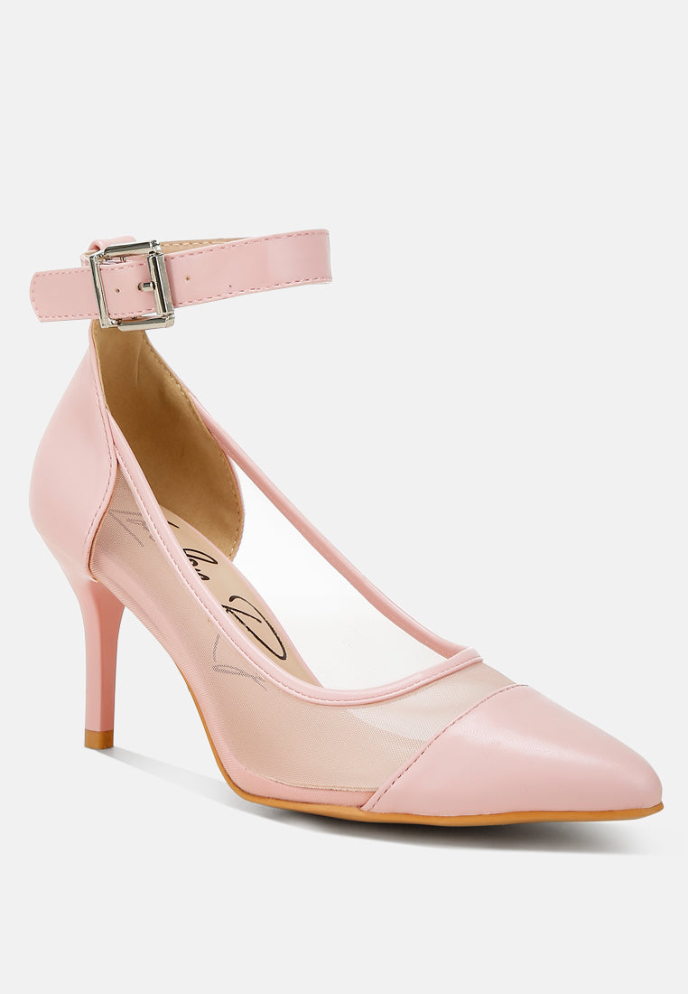 Hearst Pointy Toe Ankle Strap Pumps featuring a chic pointed toe design, elegant ankle strap, and stylish mesh and faux leather upper.