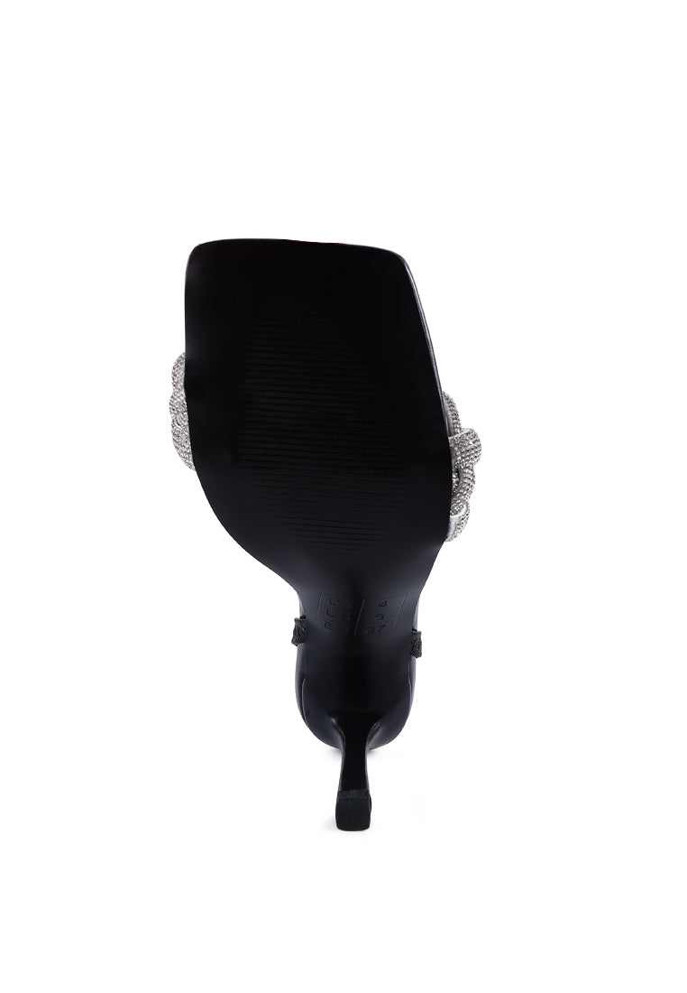 High Social Sandal featuring a braided strap with diamante detailing and a kitten heel, perfect for cocktail parties.