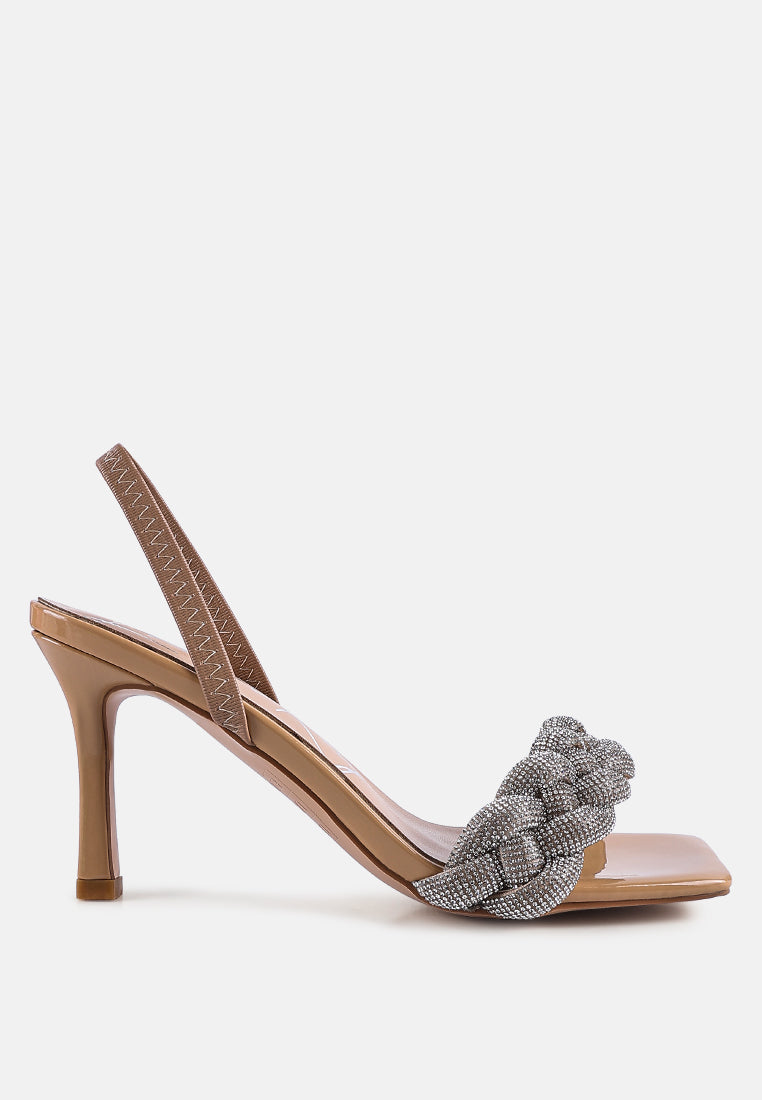 High Social Sandal featuring a braided strap with diamante detailing and a kitten heel, perfect for cocktail parties.