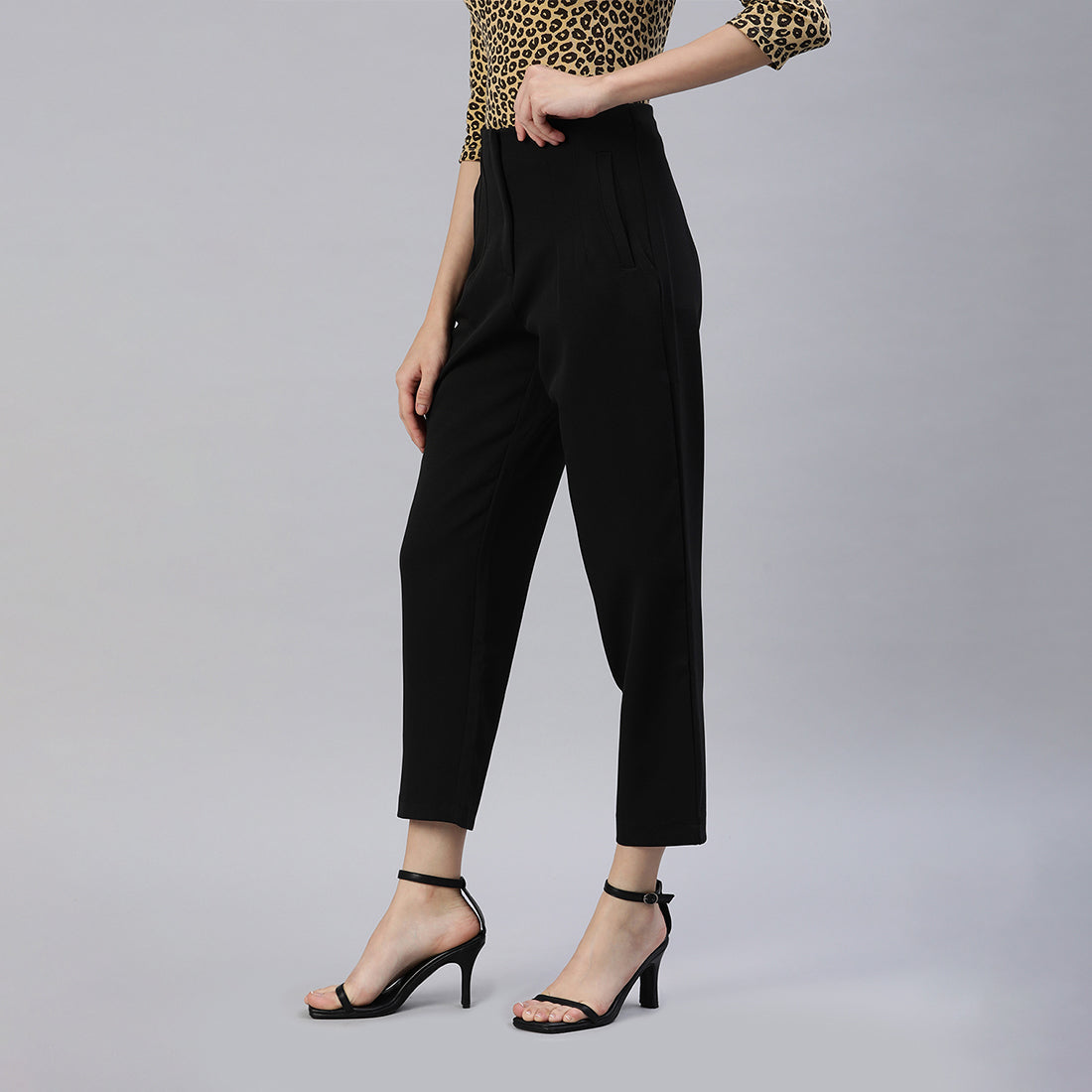 High Waist Semi Casual Trouser featuring a stylish high waist design, pin tuck darts, and two side pockets, perfect for work and casual outings.