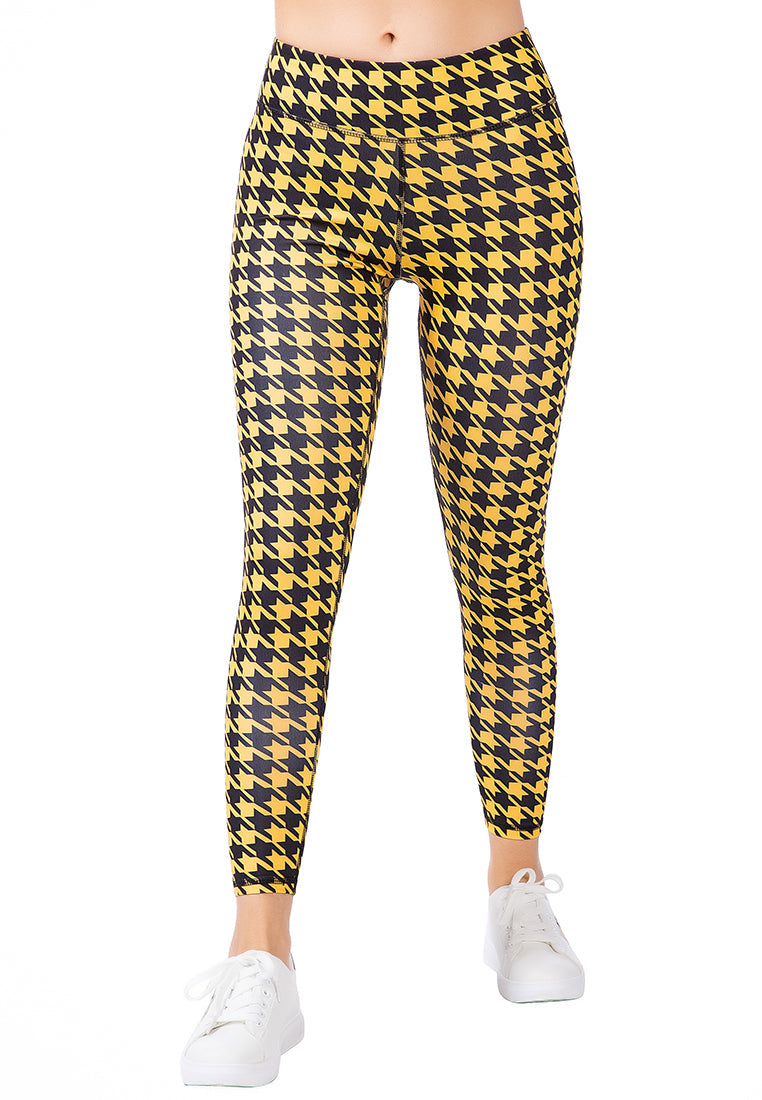 High Waist Yellow Houndstooth Running Leggings featuring a stretchy fabric and broad elasticated waistband, perfect for workouts.