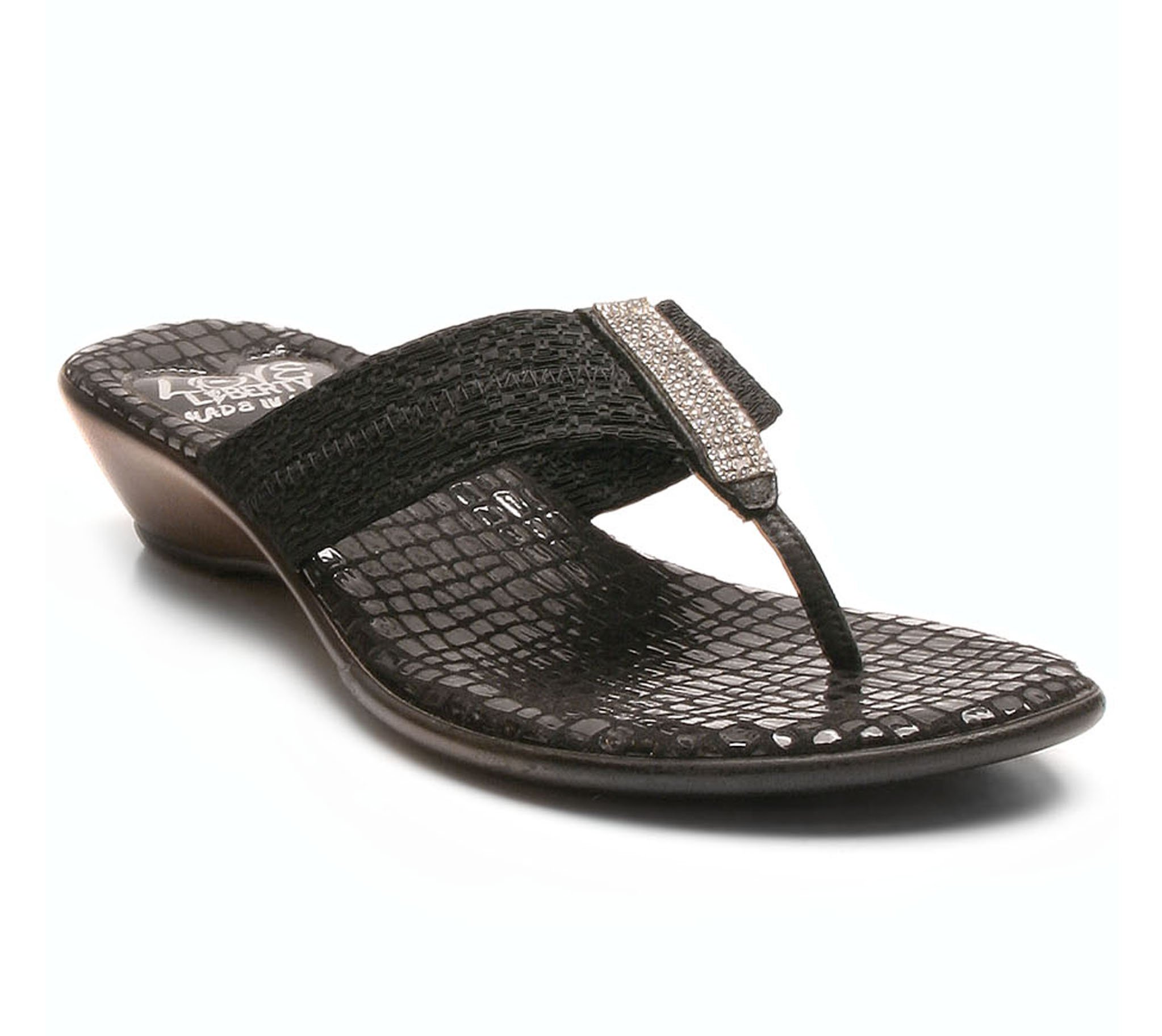 Hollywood thong sandals featuring a stretch linen upper with rhinestones and a snake print sock, designed for comfort and style.