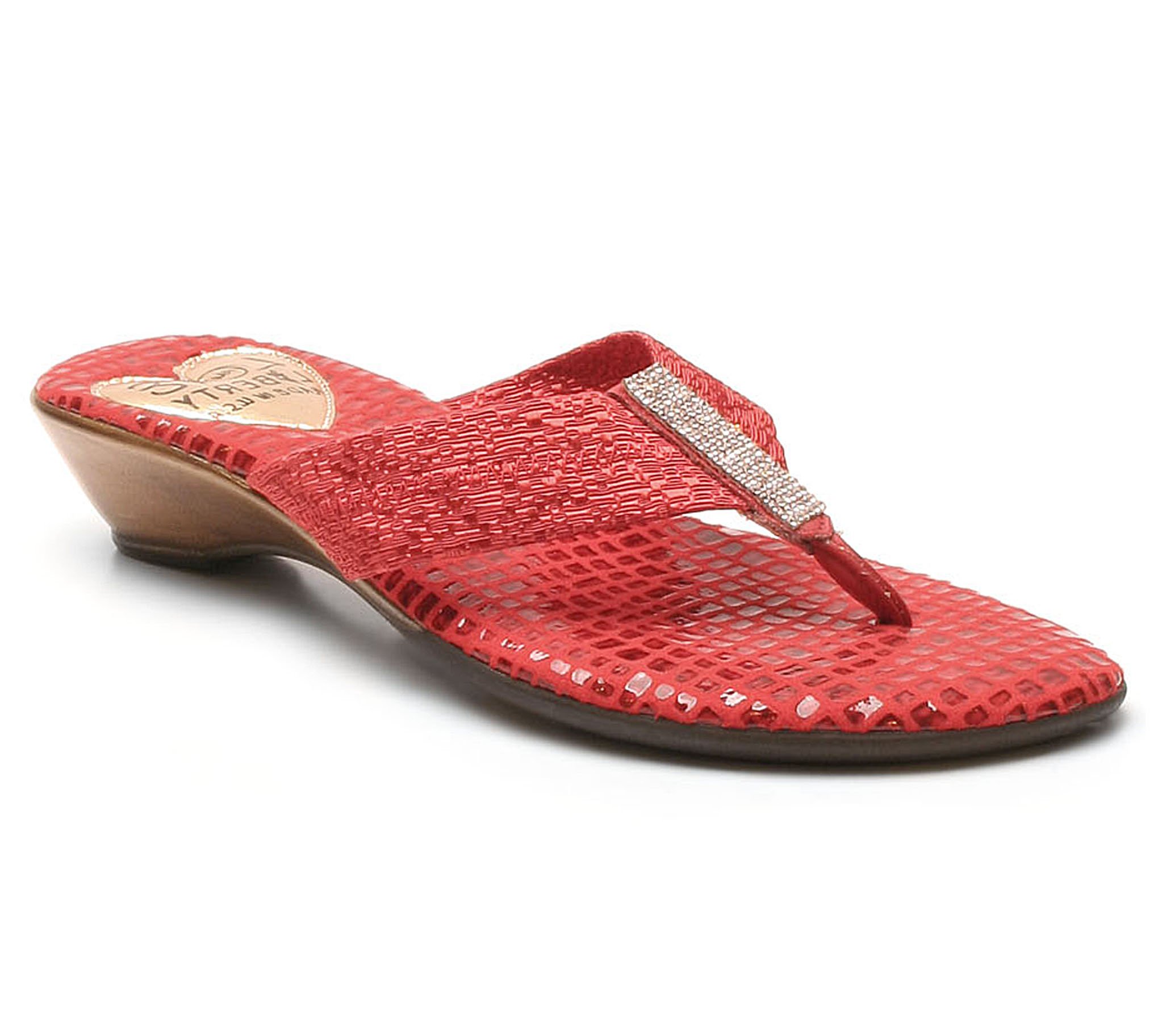 Hollywood thong sandals featuring a stretch linen upper with rhinestones and a snake print sock, designed for comfort and style.