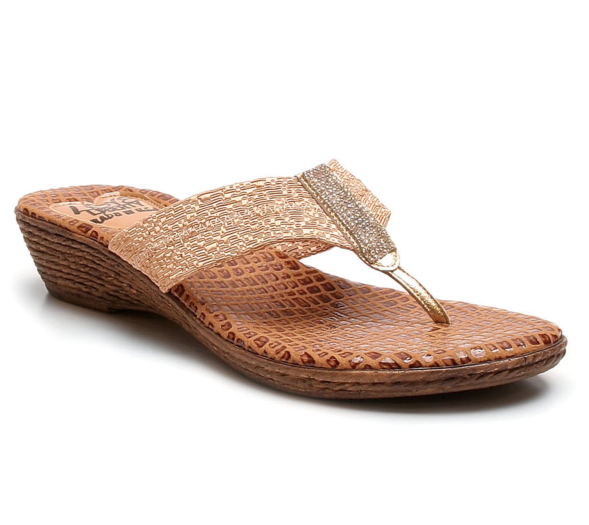 Hollywood thong sandals featuring a stretch linen upper with rhinestones and a snake print sock, designed for comfort and style.
