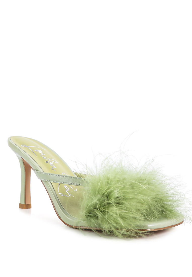 Honeybear Feather Detail Slip-On Sandals featuring glamorous feather accents and a chic open square toe design.