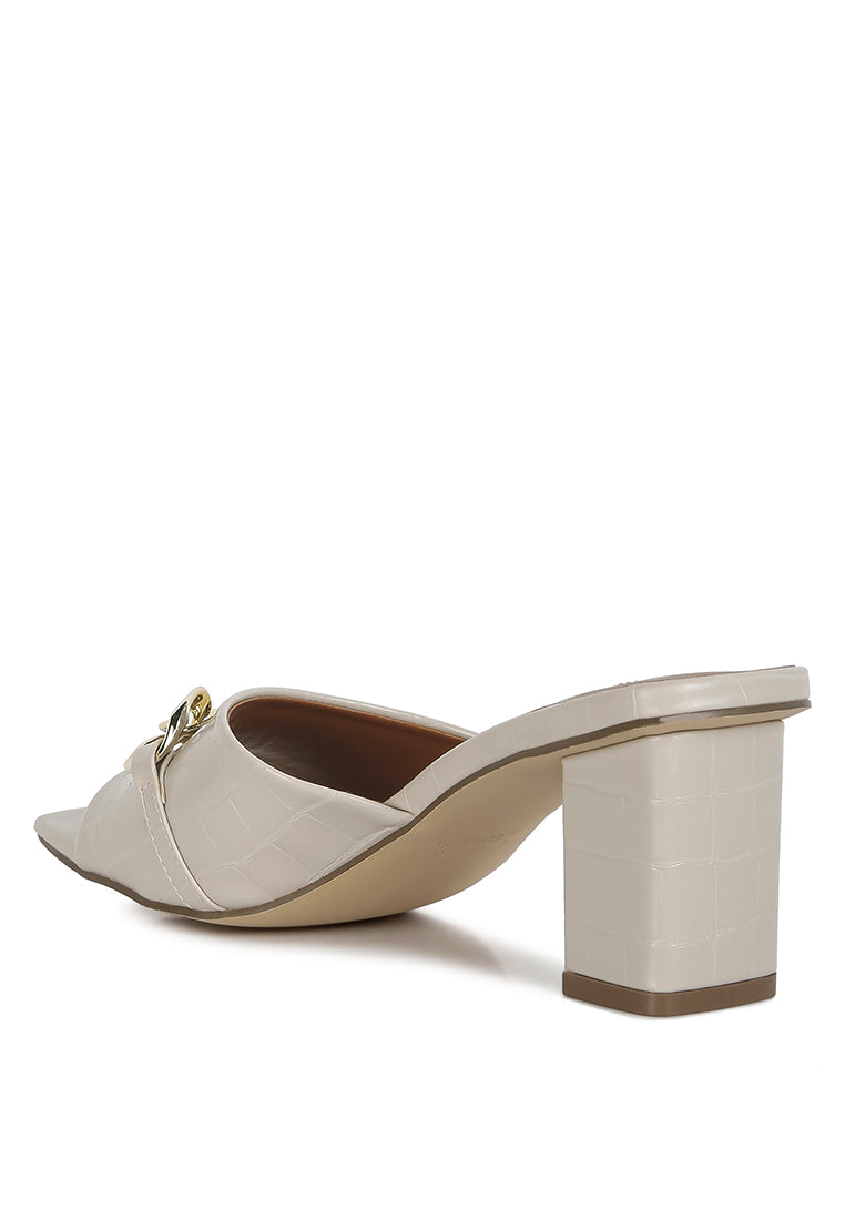 Hotshot Mid Heel Chain Detail Sandals featuring a low block heel and metallic gold chain accent, perfect for everyday wear.