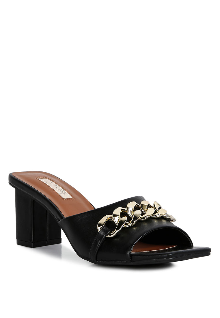 Hotshot Mid Heel Chain Detail Sandals featuring a low block heel and metallic gold chain accent, perfect for everyday wear.