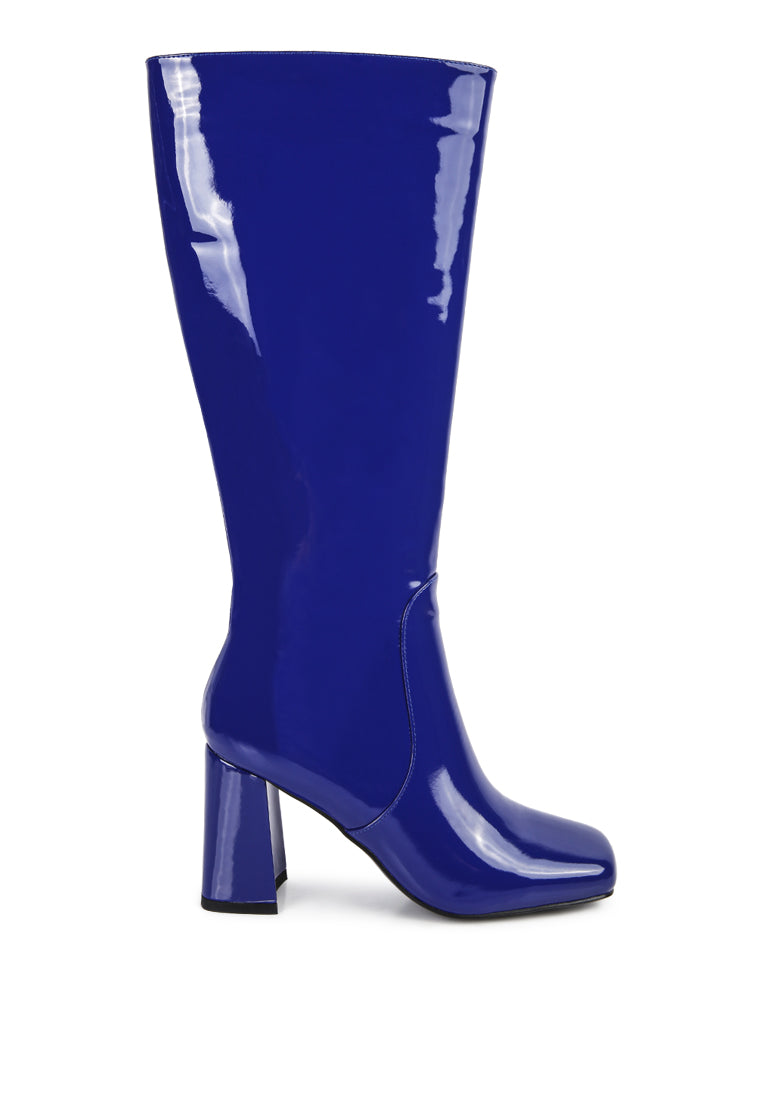 A pair of stylish Hypnotize Patent PU Block Heeled Calf Boots featuring a square toe, mid block heel, and side zipper opening.