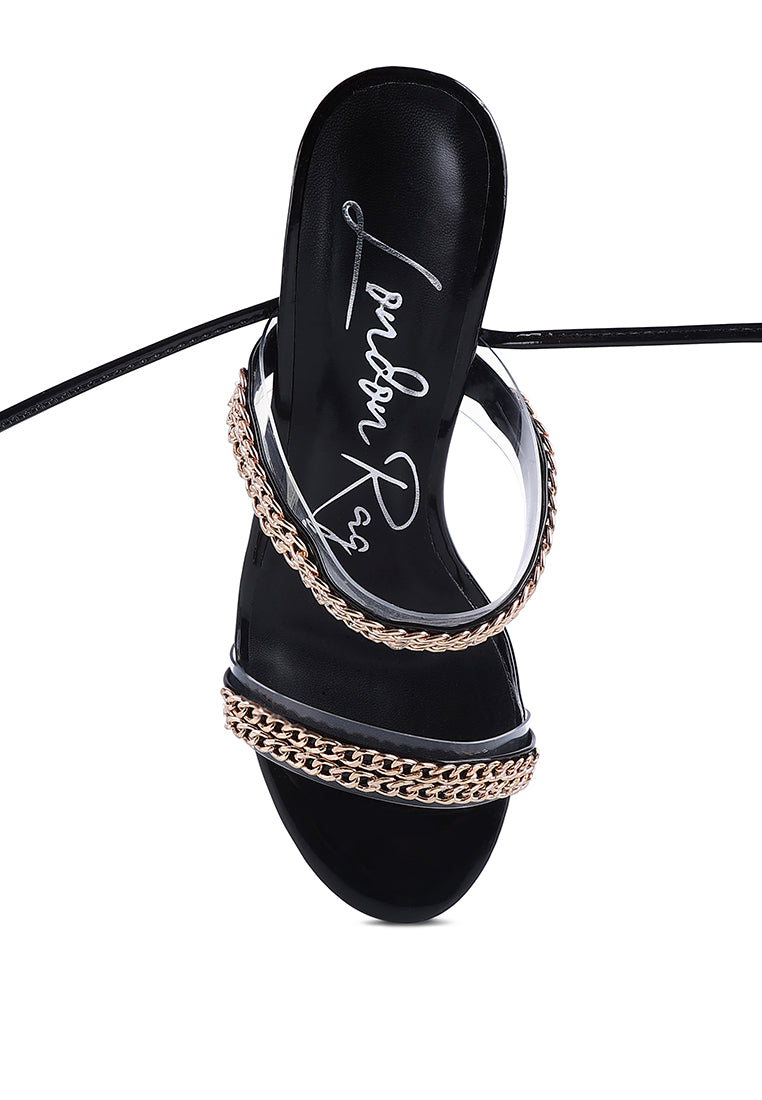 Indulgence Metal Chain Lace Up Chunky Sandals featuring gold chain details and a high platform design, perfect for parties and weddings.