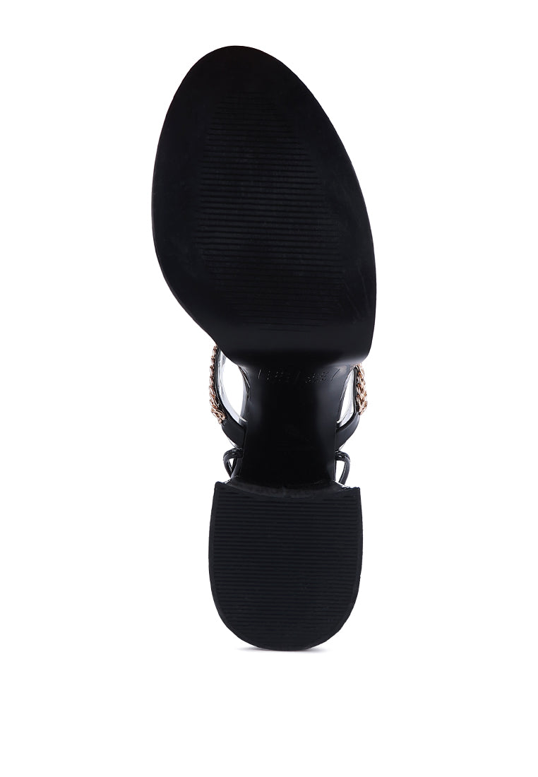 Indulgence Metal Chain Lace Up Chunky Sandals featuring gold chain details and a high platform design, perfect for parties and weddings.