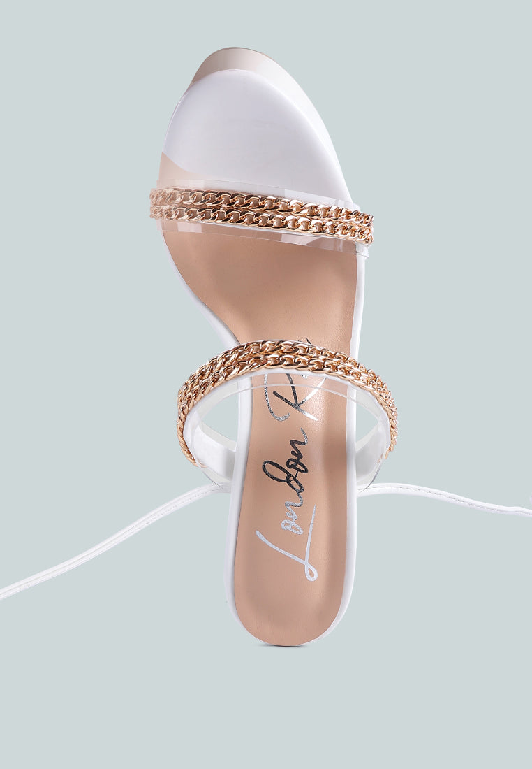 Indulgence Metal Chain Lace Up Chunky Sandals featuring gold chain details and a high platform design, perfect for parties and weddings.
