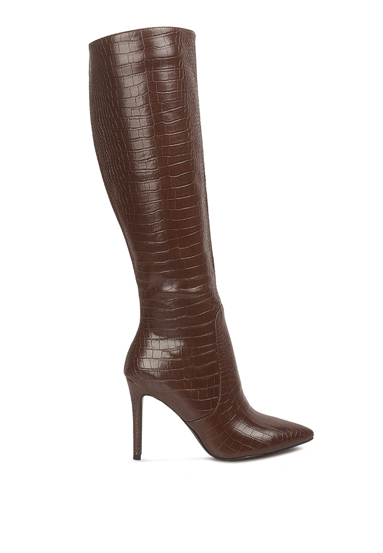 Indulgent High Heel Croc Calf Boots featuring a stylish design with a pointed toe and side zipper, perfect for winter fashion.