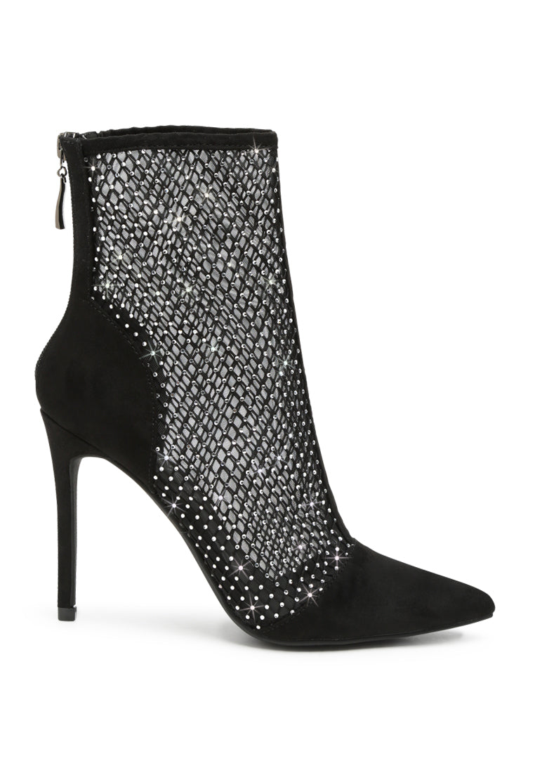 Jazz Rhinestone Embellished Mesh Stiletto Boots featuring a see-through mesh design, rhinestone embellishments, and a sleek stiletto heel.