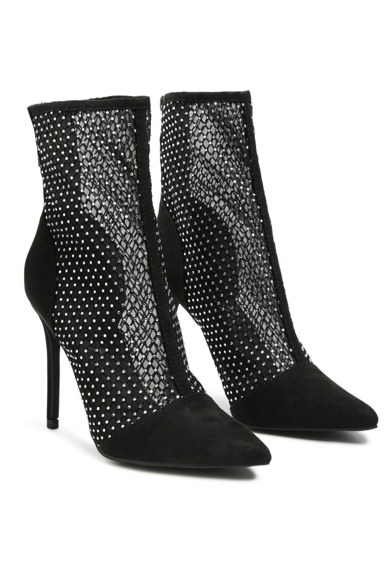 Jazz Rhinestone Embellished Mesh Stiletto Boots featuring a see-through mesh design, rhinestone embellishments, and a sleek stiletto heel.