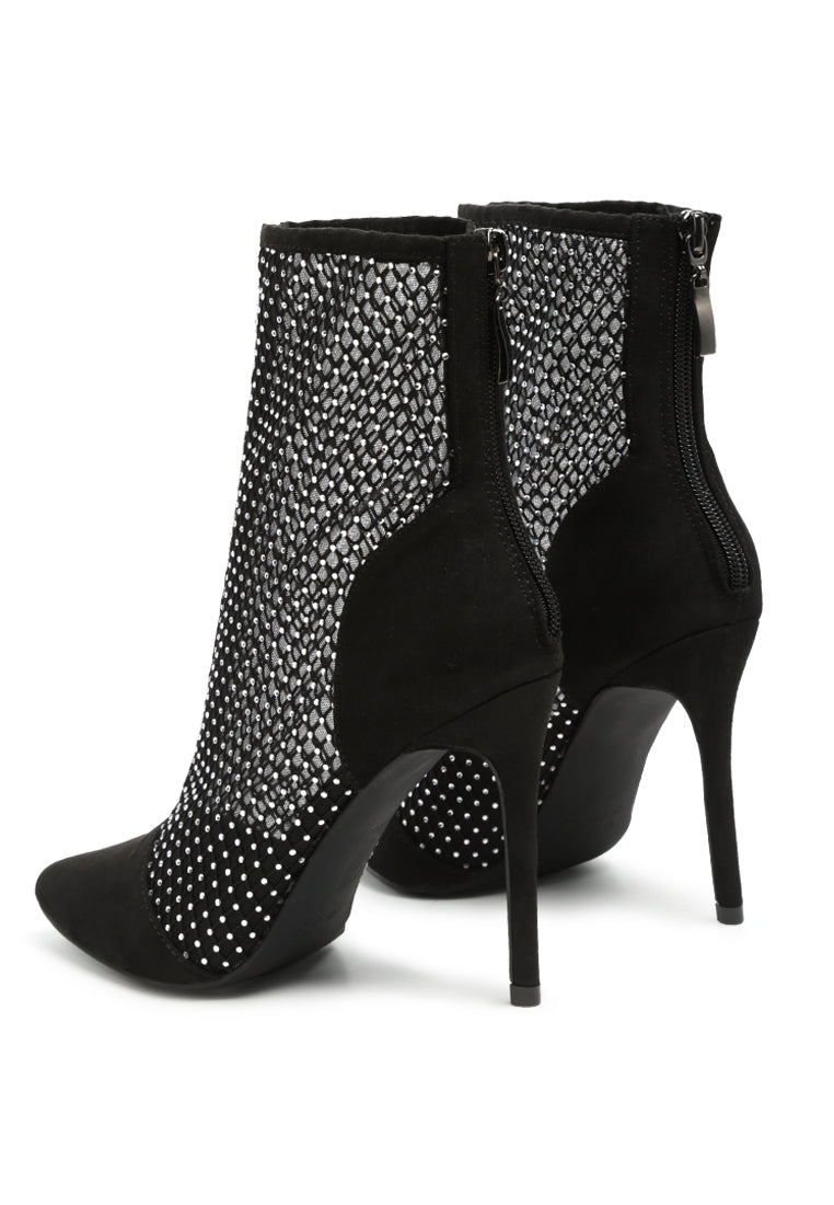 Jazz Rhinestone Embellished Mesh Stiletto Boots featuring a see-through mesh design, rhinestone embellishments, and a sleek stiletto heel.