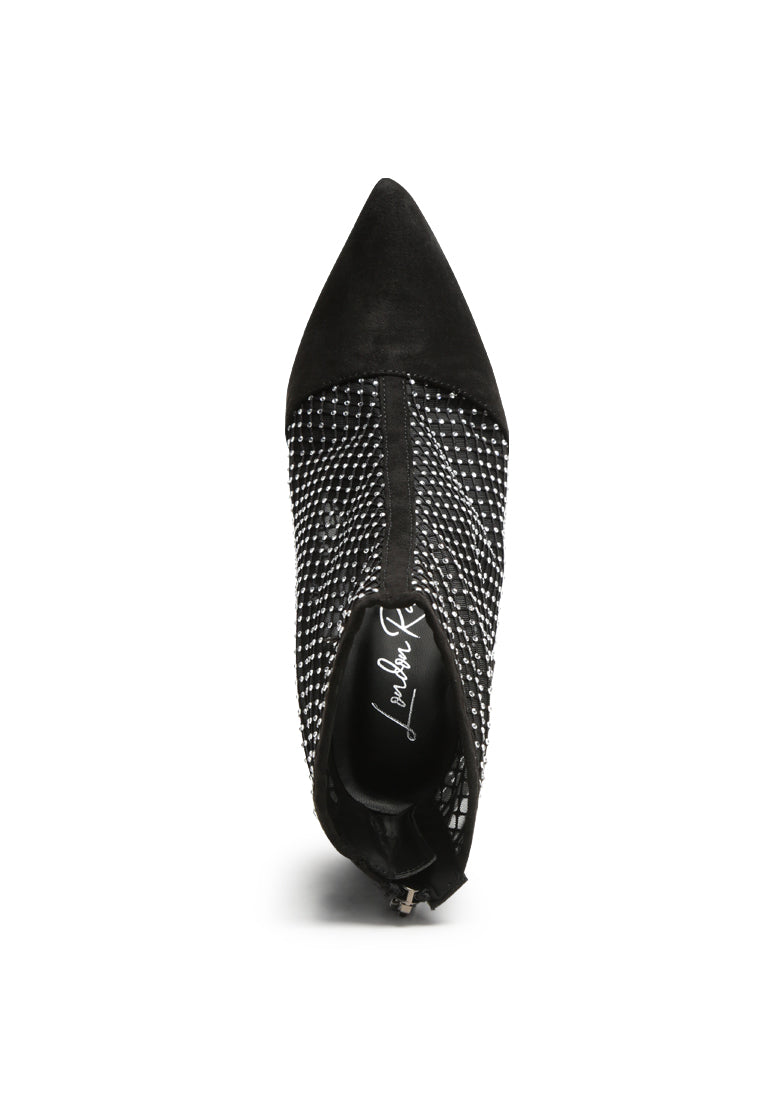 Jazz Rhinestone Embellished Mesh Stiletto Boots featuring a see-through mesh design, rhinestone embellishments, and a sleek stiletto heel.
