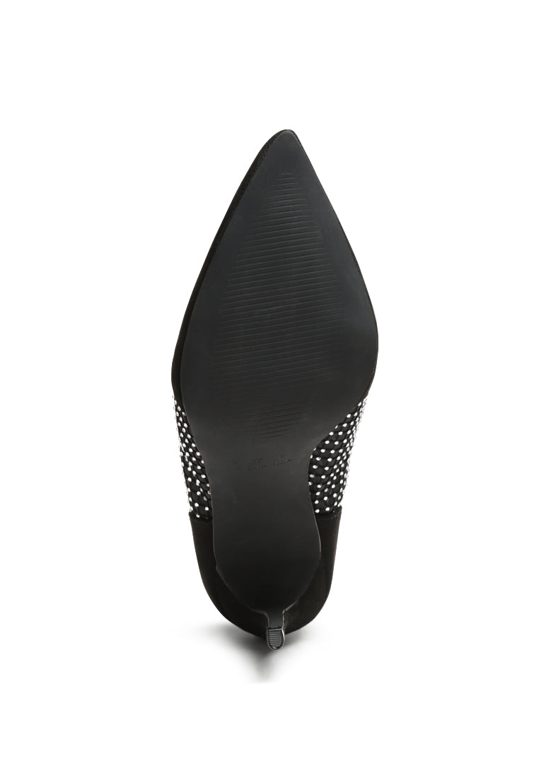 Jazz Rhinestone Embellished Mesh Stiletto Boots featuring a see-through mesh design, rhinestone embellishments, and a sleek stiletto heel.