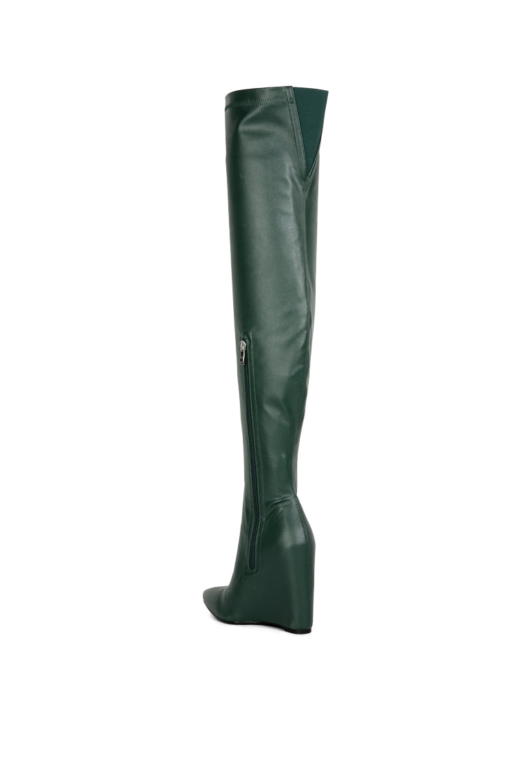 Leggy Lass Wedge Heel Long Boots featuring a sleek design in stretch PU with a wedge heel, perfect for autumn and winter fashion.