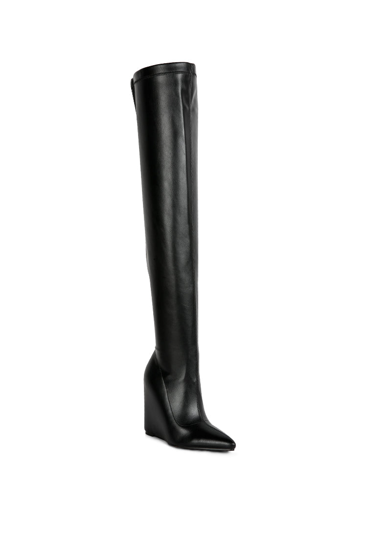 Leggy Lass Wedge Heel Long Boots featuring a sleek design in stretch PU with a wedge heel, perfect for autumn and winter fashion.