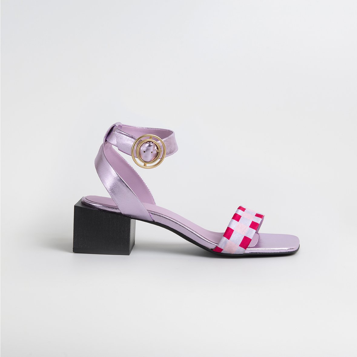 LOLITA Lilac/Pink Sandals featuring metallic leather, plaid satin, square toe, and wood heel with gold buckle fastening.