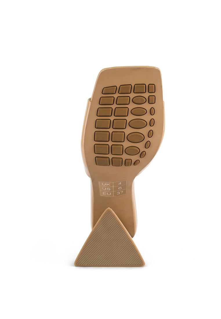 Lovebug Triangular Block Heel Sandals in gold metallic patent PU with open square toe and high block heel.