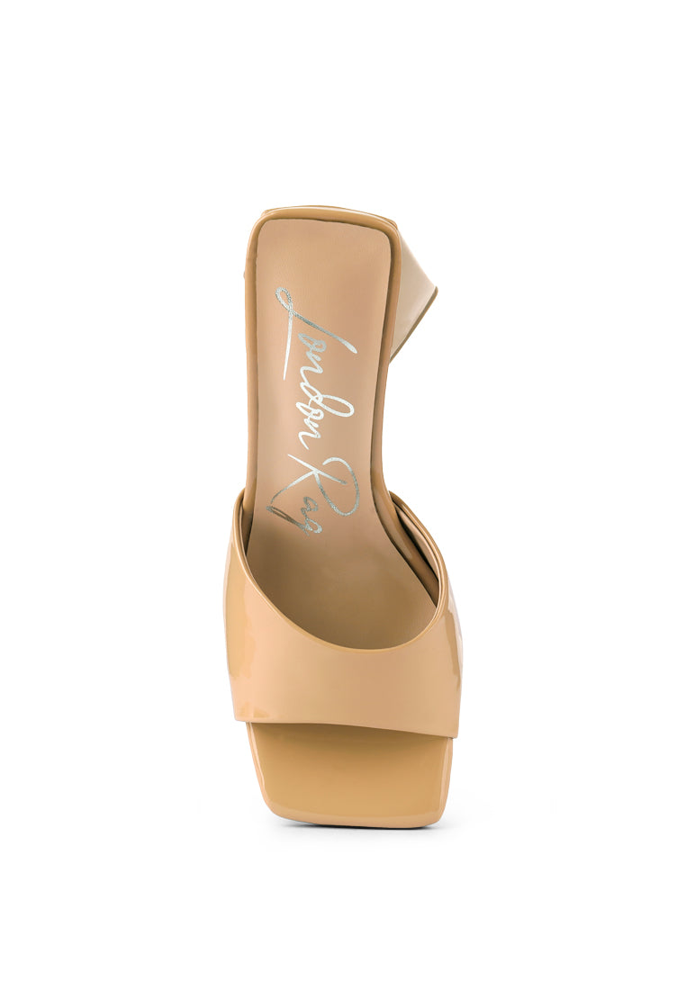 Lovebug Triangular Block Heel Sandals in gold metallic patent PU with open square toe and high block heel.