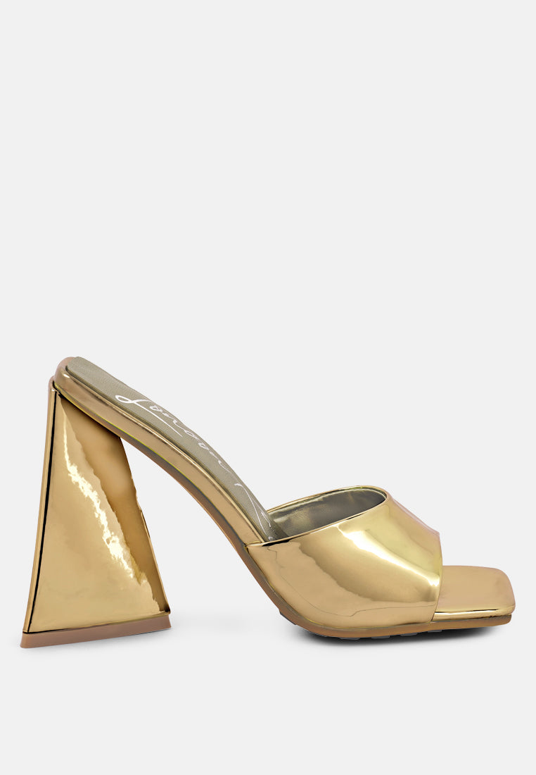 Lovebug Triangular Block Heel Sandals in gold metallic patent PU with open square toe and high block heel.
