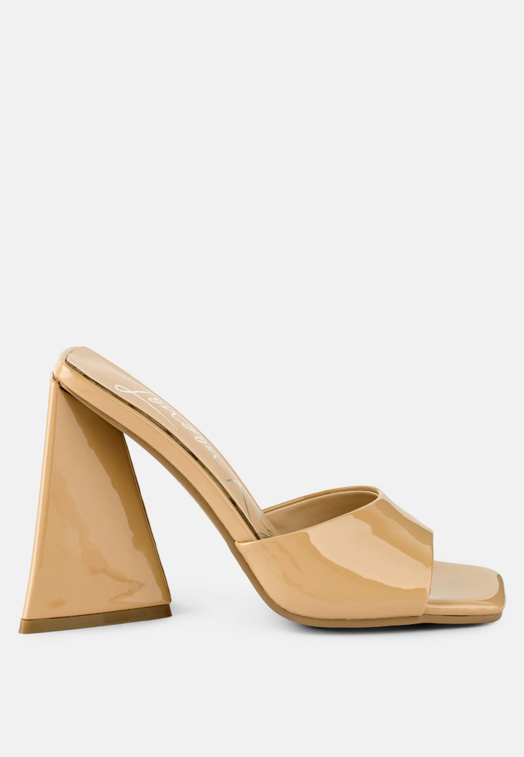 Lovebug Triangular Block Heel Sandals in gold metallic patent PU with open square toe and high block heel.