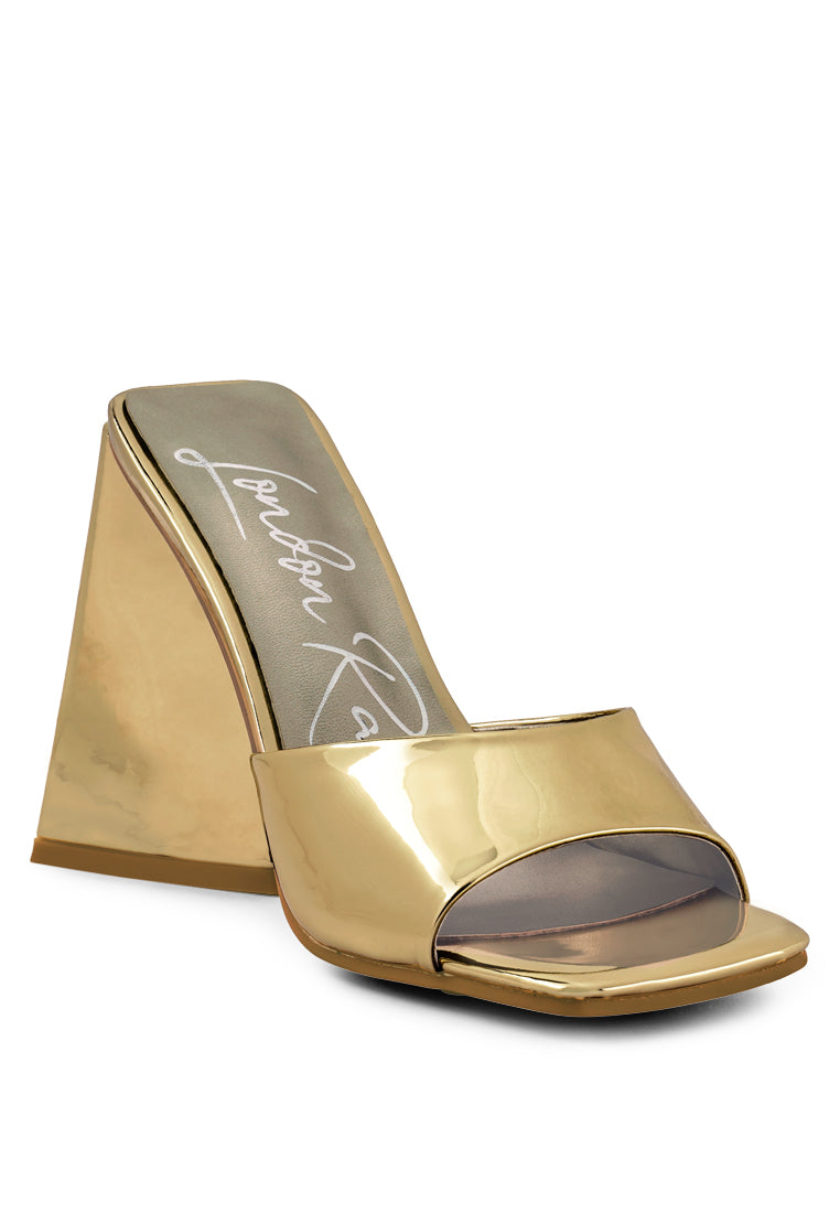 Lovebug Triangular Block Heel Sandals in gold metallic patent PU with open square toe and high block heel.