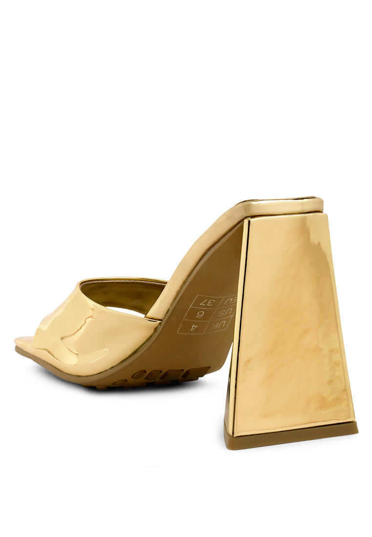 Lovebug Triangular Block Heel Sandals in gold metallic patent PU with open square toe and high block heel.
