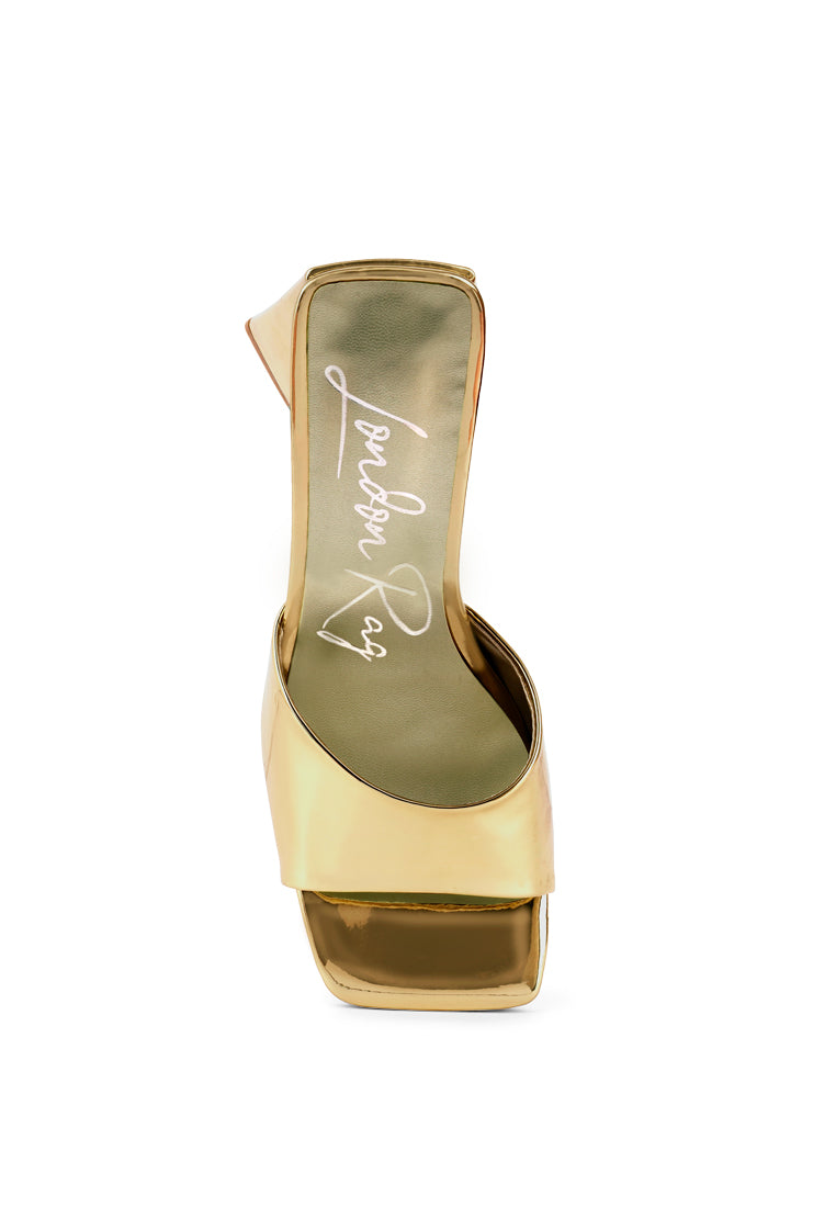 Lovebug Triangular Block Heel Sandals in gold metallic patent PU with open square toe and high block heel.