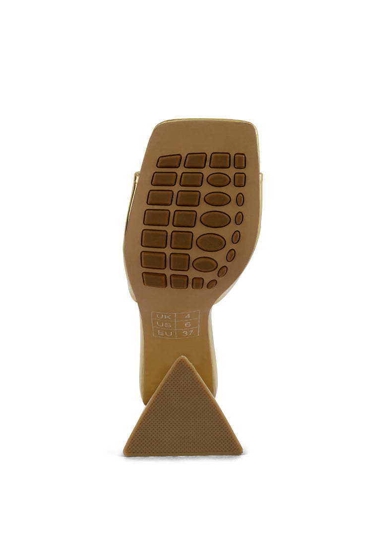 Lovebug Triangular Block Heel Sandals in gold metallic patent PU with open square toe and high block heel.